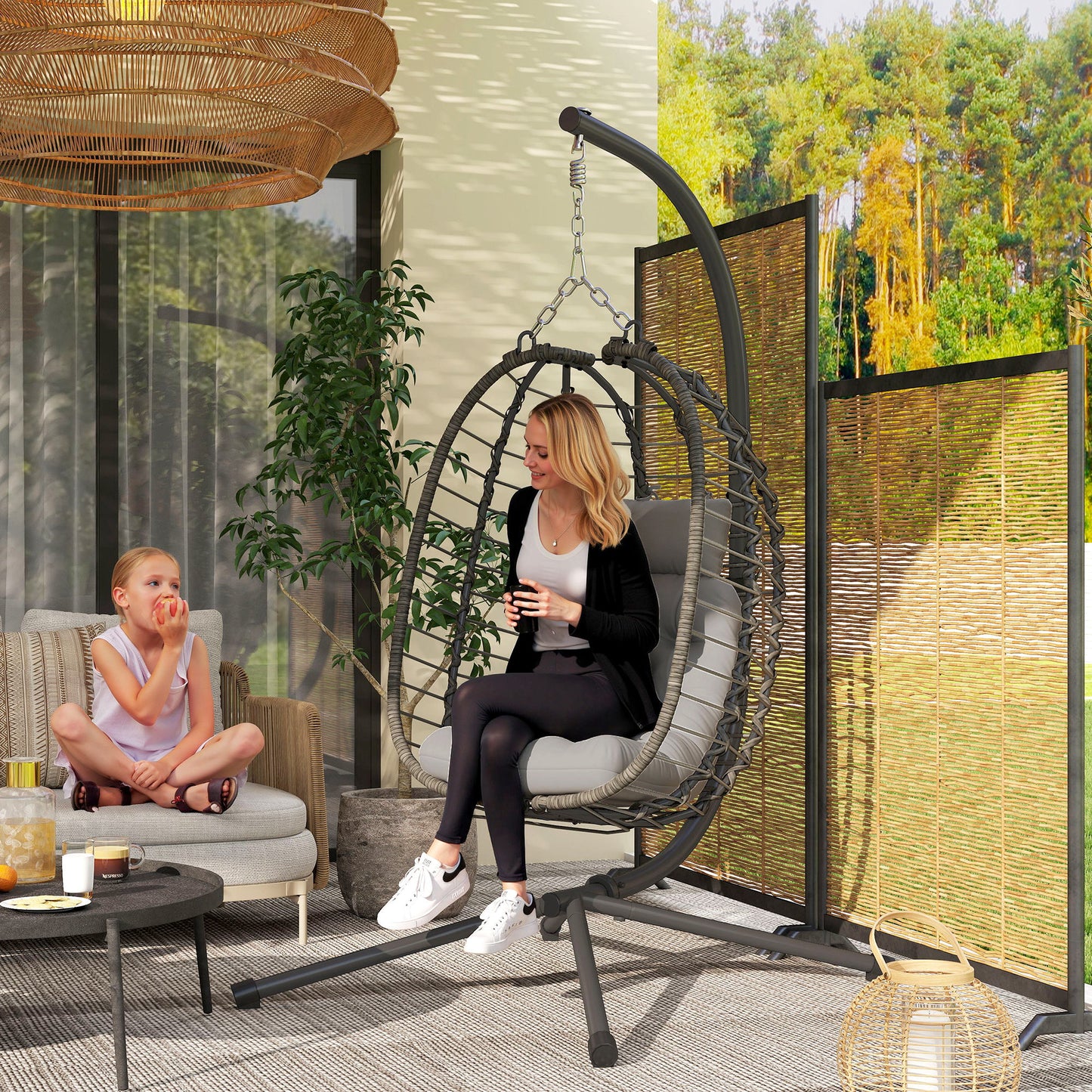 Rattan Hanging Egg Chair, Foldable Wicker Hammock Swing Chair with Cushion, Stand, Adjustable Height, Head Pillow
