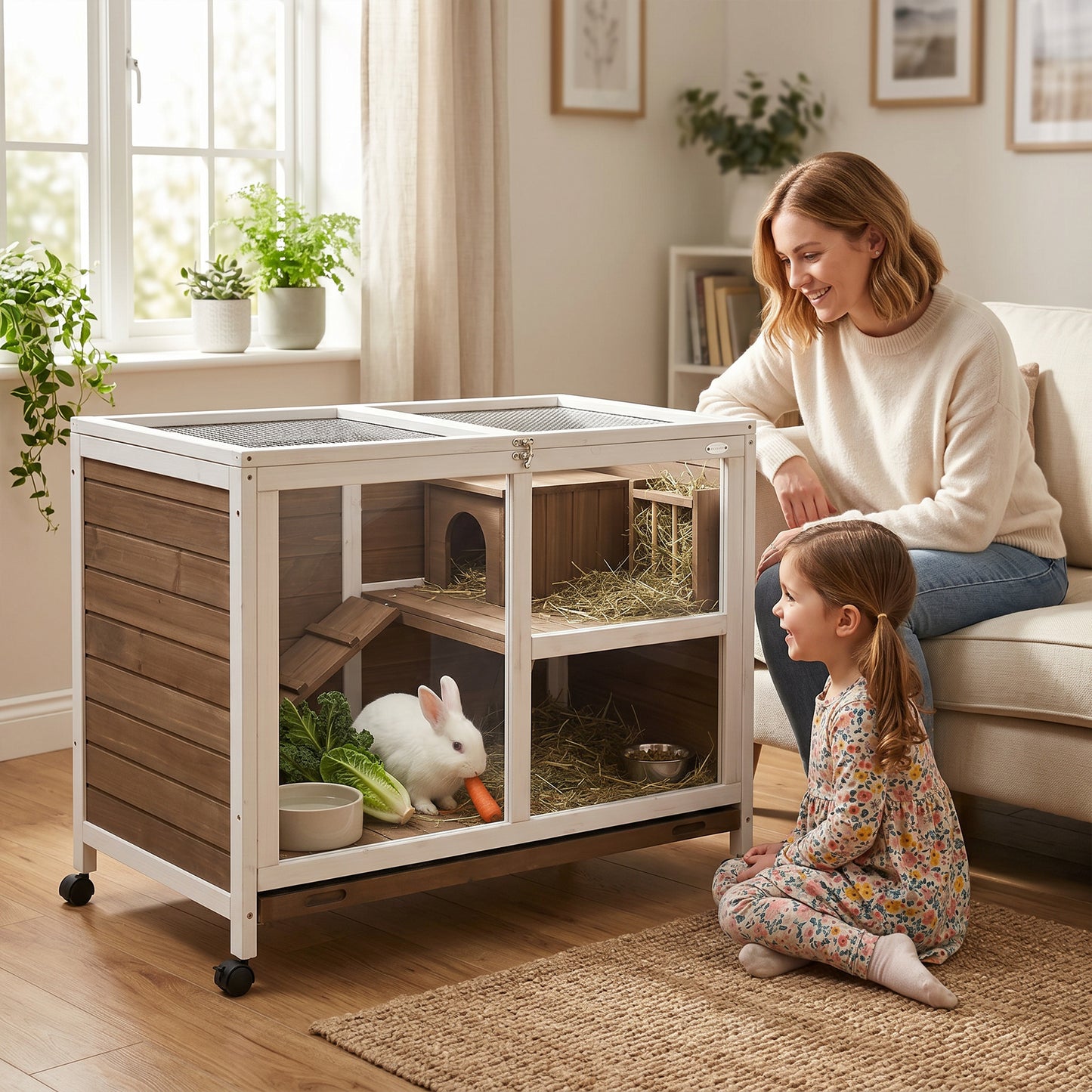 Wooden Rabbit Hutch, Bunny Cage w/ Tray, Ramp, Openable Roof, Wheels, 91.5 x 53.3 x 73cm - Brown