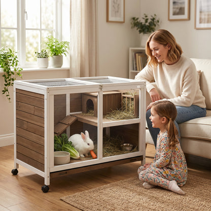 Wooden Rabbit Hutch, Bunny Cage w/ Tray, Ramp, Openable Roof, Wheels, 91.5 x 53.3 x 73cm - Brown