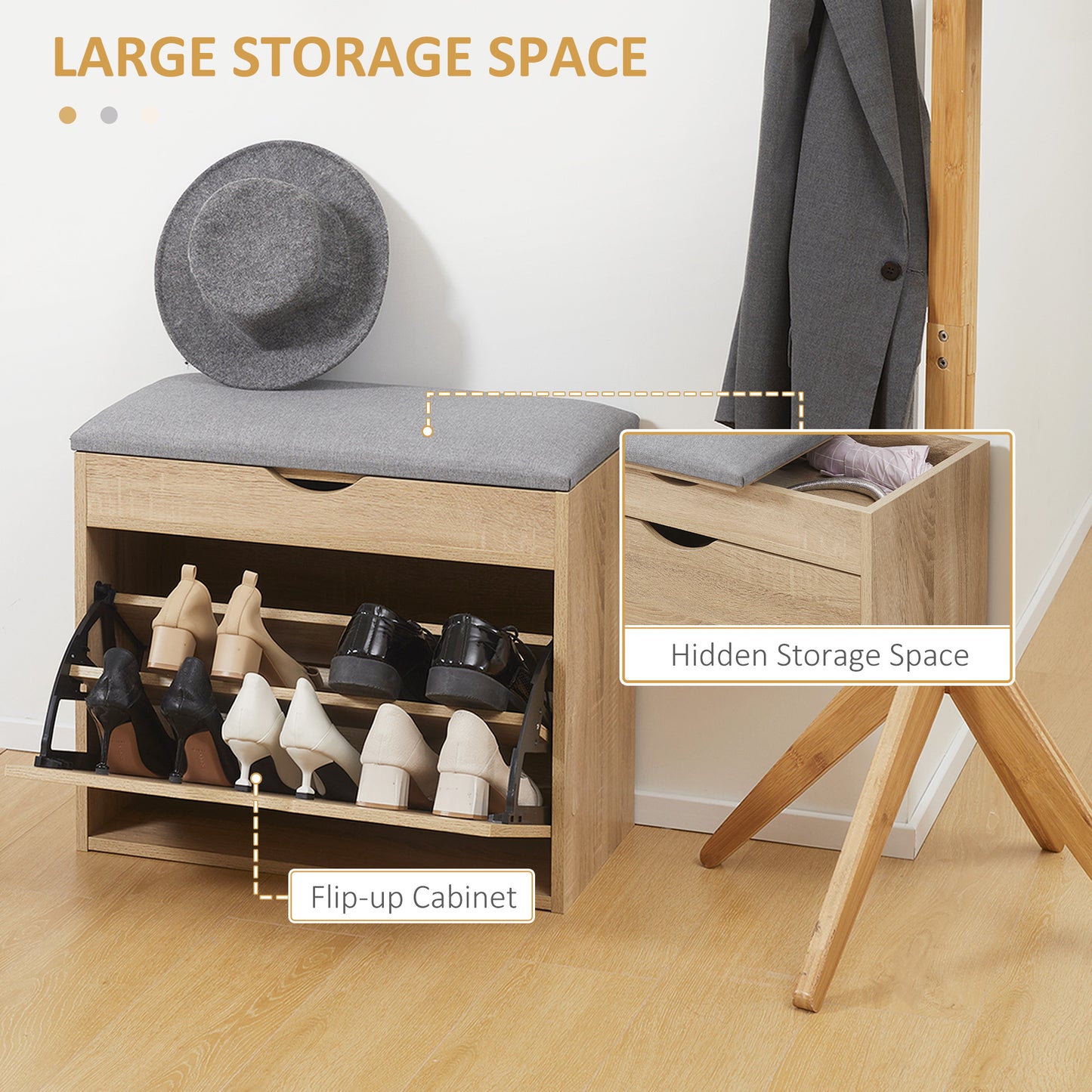 Shoe Bench with Cushion for 4 Pair of Shoes, Storage Bench with Padded Seat, Flip-up Cabinet and Hidden Space for Entryway