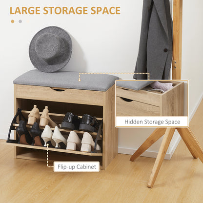 Shoe Bench with Cushion for 4 Pair of Shoes, Storage Bench with Padded Seat, Flip-up Cabinet and Hidden Space for Entryway