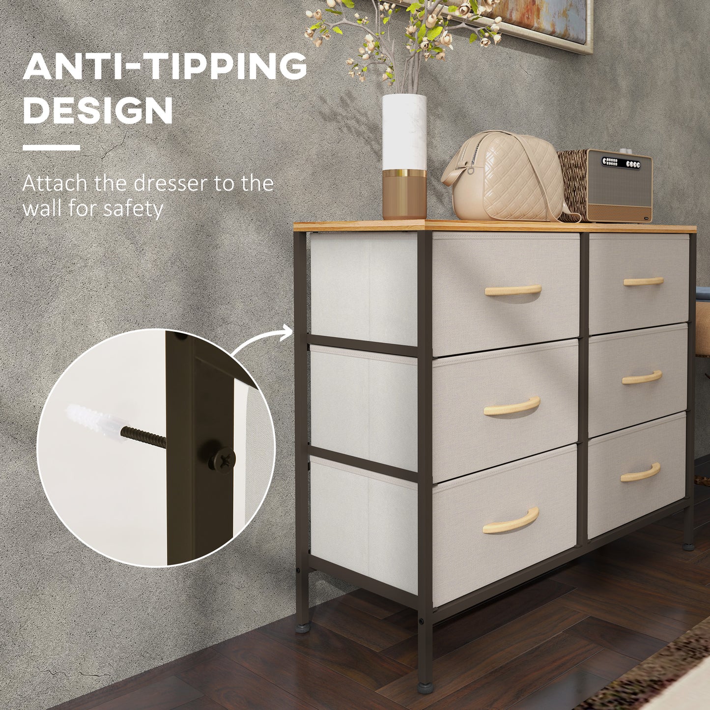 Fabric Chest of Drawers, Industrial Bedroom Dresser with 6 Fabric Drawers, Steel Frame and Wooden Top for Nursery