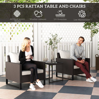 3 Pieces Rattan Bistro Set with 4 Cushions, Wicker Garden Furniture Set, Glass Top Coffee Table and Chairs for Outdoor Patio