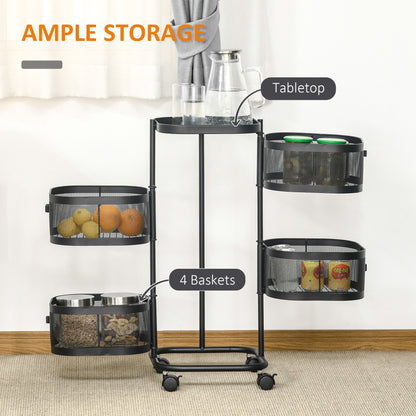 Metal Storage Cart, 4-Tier Storage Trolley on Wheels with 4 Mesh Baskets and Top Tray, Black