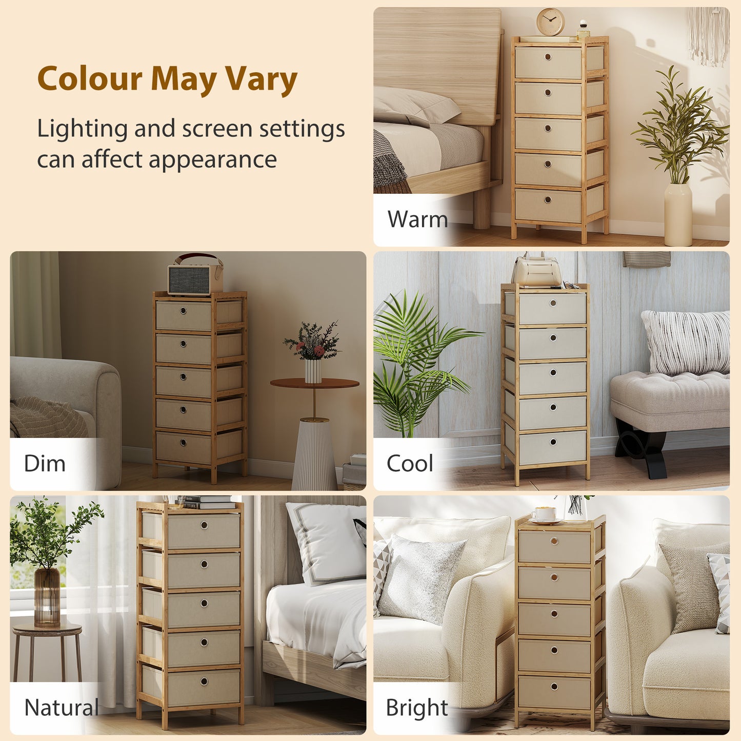 Chest of Drawers, 5 Fabric Drawers Narrow Dresser with Bamboo Frame, Cream White