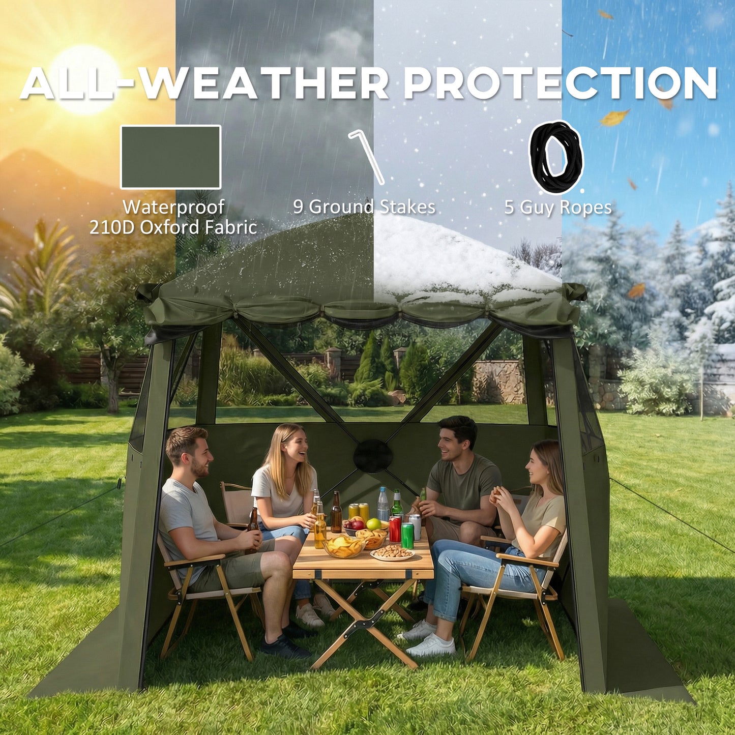 Pop Up Gazebo Waterproof Instant Shelter with Awning Mesh Windows for Camping Patio 2 x 2 m, Army Green