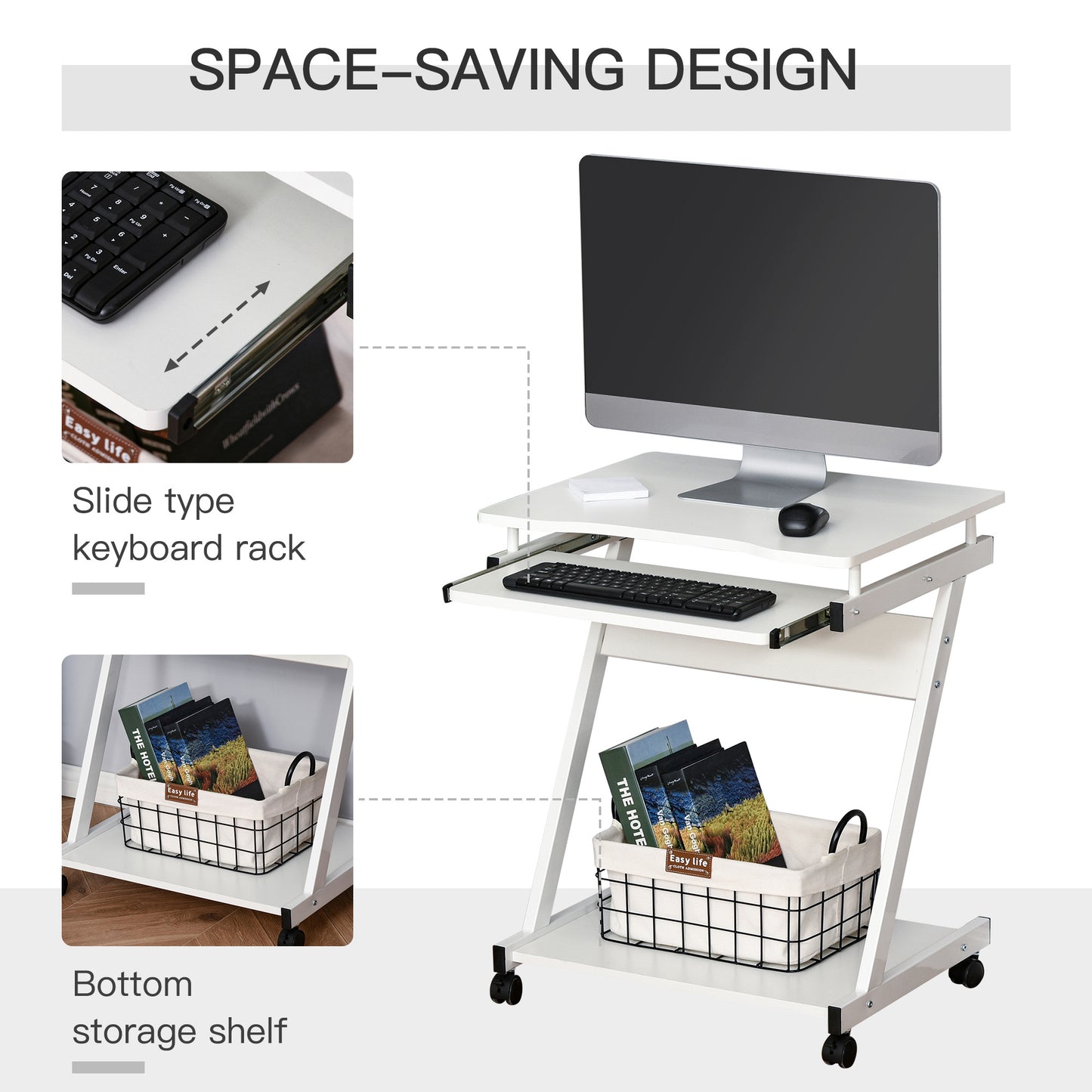 Movable Computer Desk with 4 Moving Wheels and Keyboard Tray White