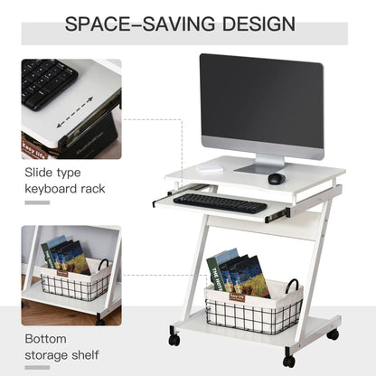 Movable Computer Desk with 4 Moving Wheels and Keyboard Tray White