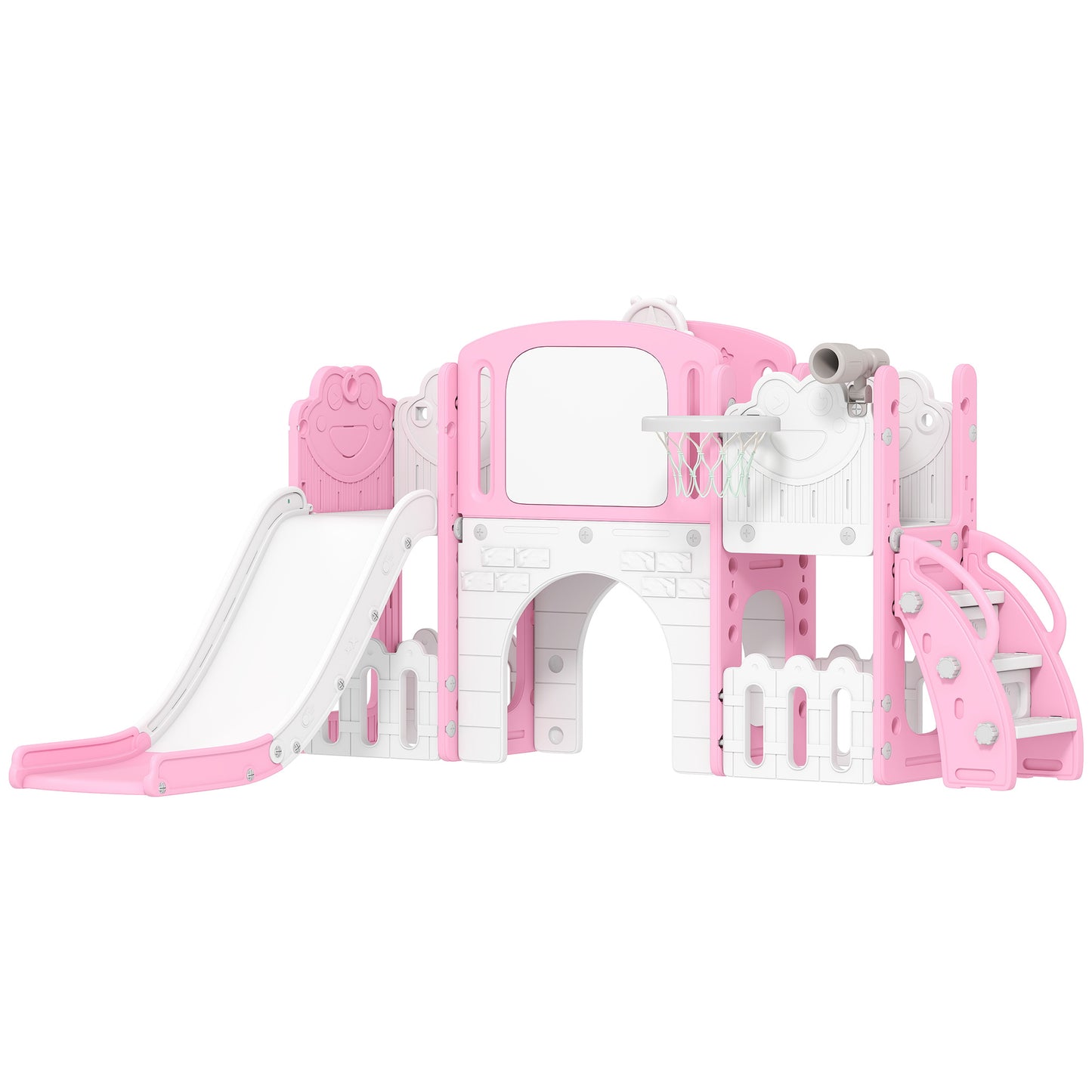 7 in 1 Toddler Slide Set with Basketball Hoop, Climbing Frame, Telescope, Drawing Board, Storage Box, Pink