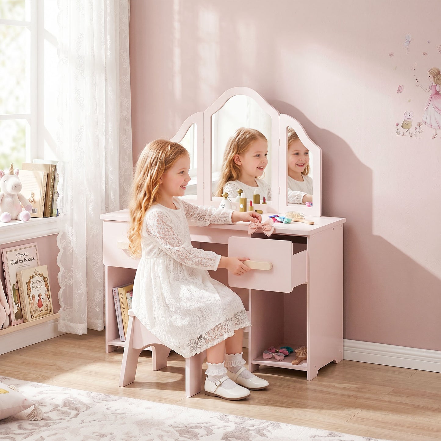 Kids Dressing Table, Kids Vanity Table and Chair Set with Tri-Folding Mirror, 2 Drawers, 2 Cabinets for Girls 3+, Pink