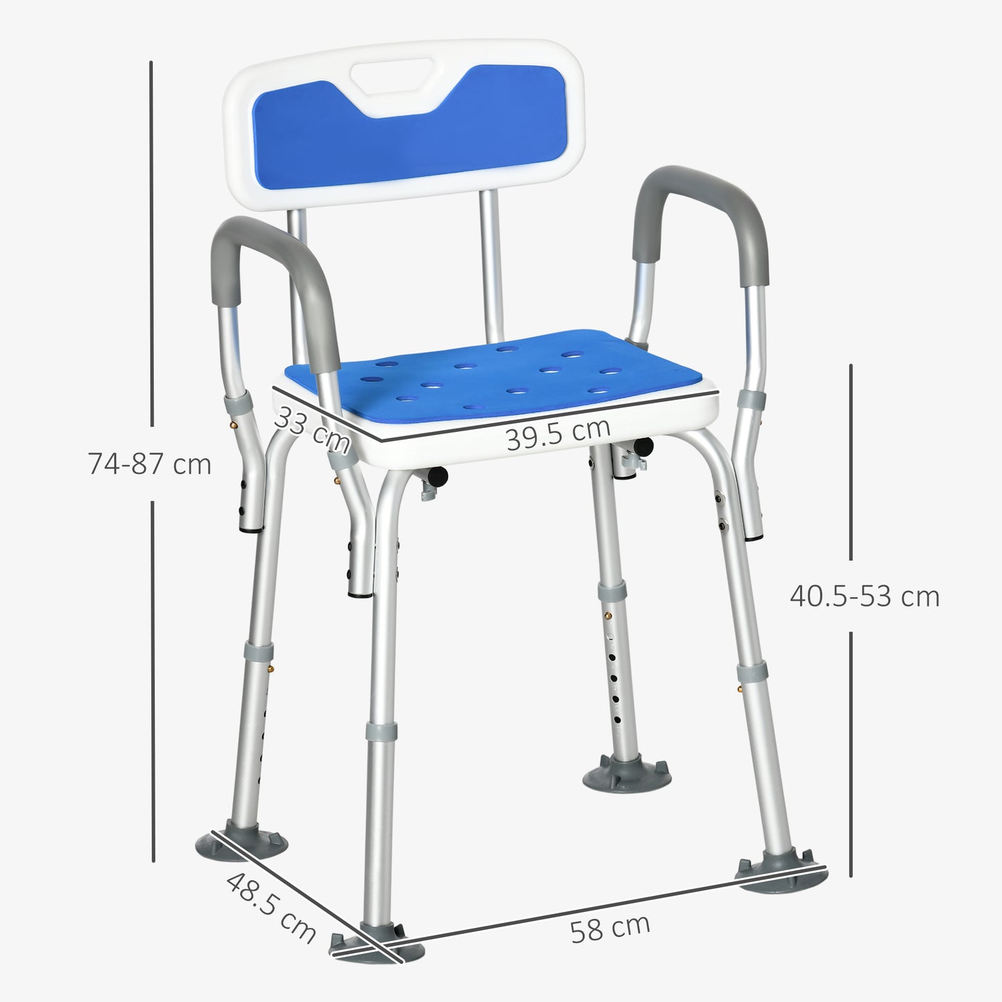EVA Padded Shower Chair for the Elderly and Disabled, Height Adjustable Shower Stool with Back and Arms, 4 Suction Foot Pads