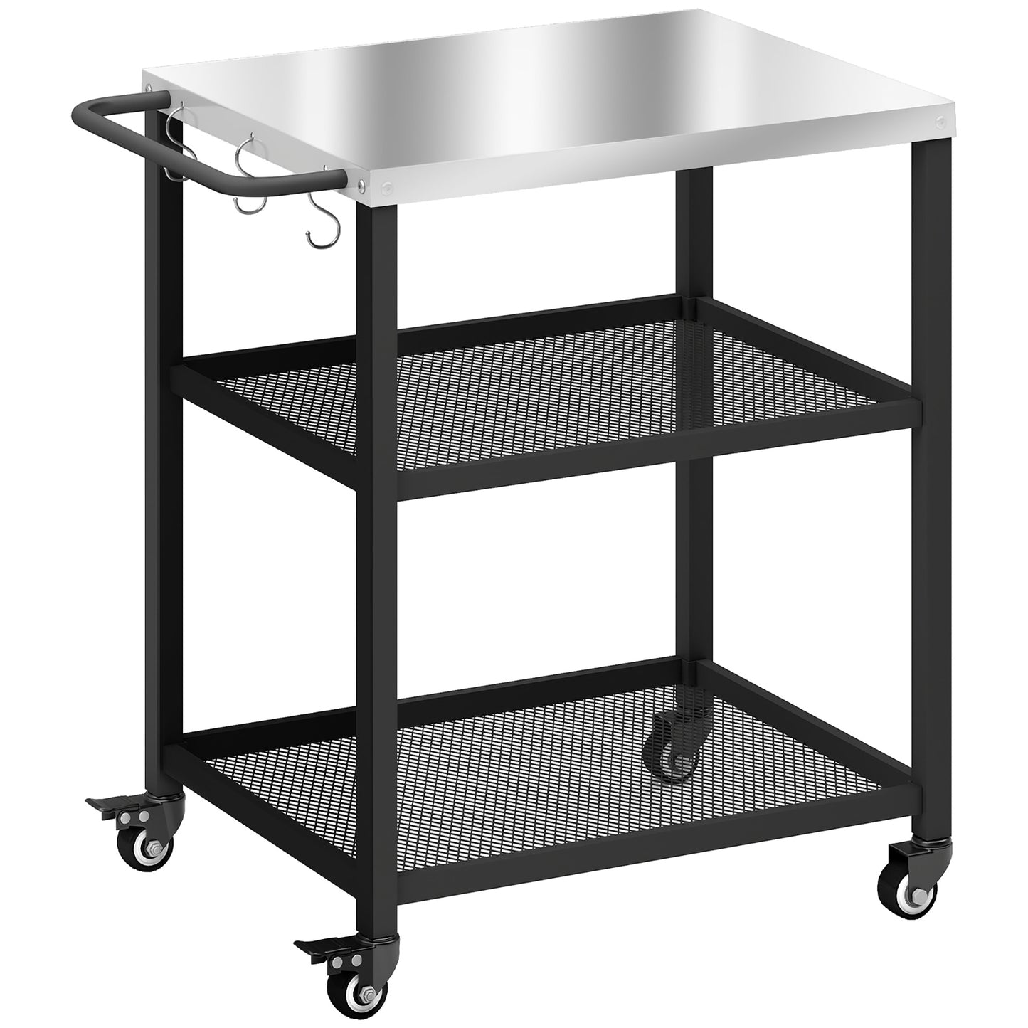 Outdoor Grill Cart with Stainless Steel Tabletop, 3-Tier Pizza Oven Stand with Adjustable Shelf, Hooks, Wheels, Black