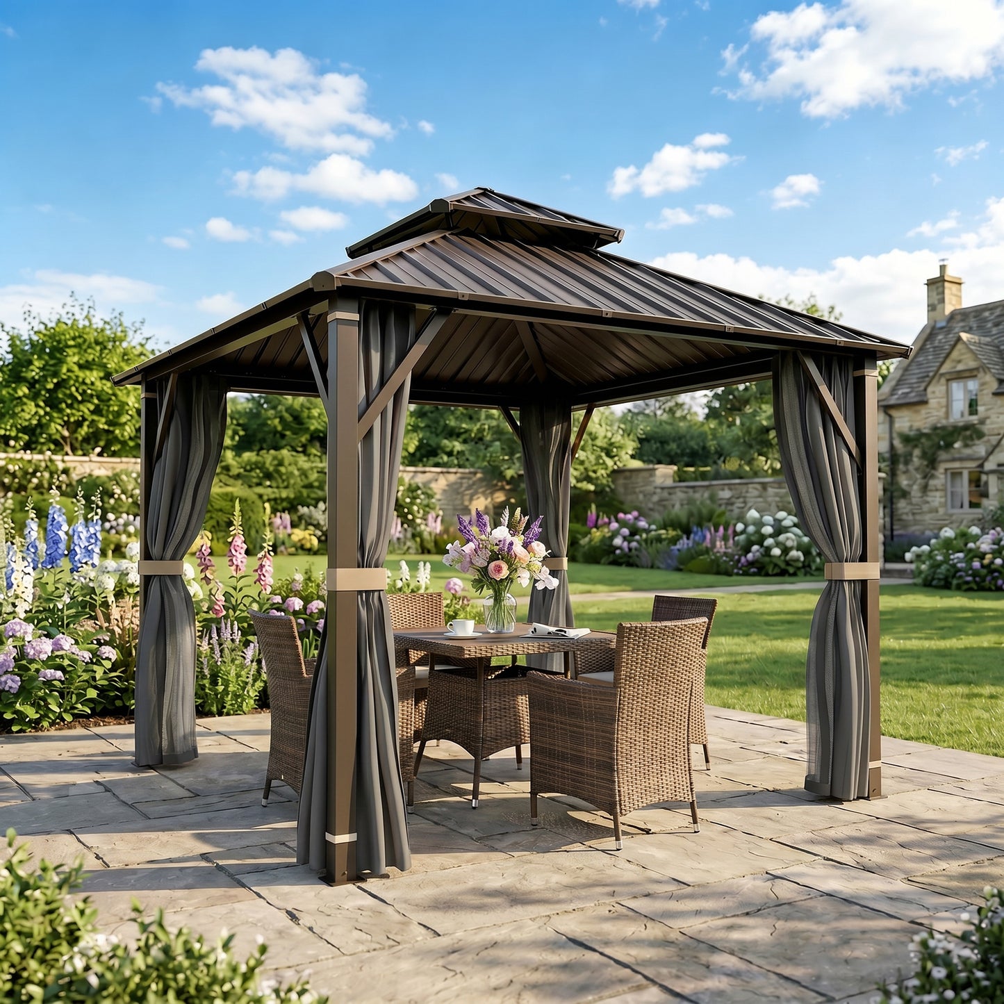 3 x 3(m) Hardtop Gazebo Canopy with Metal Roof, Waterproof Permanent Pavilion Garden Gazebo with Netting, Curtains, Grey