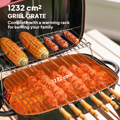 Charcoal Barbecue Grill Folding Portable BBQ Grill for Camping with 1232 cm² Cooking Area, Adjustable Vent, Thermometer