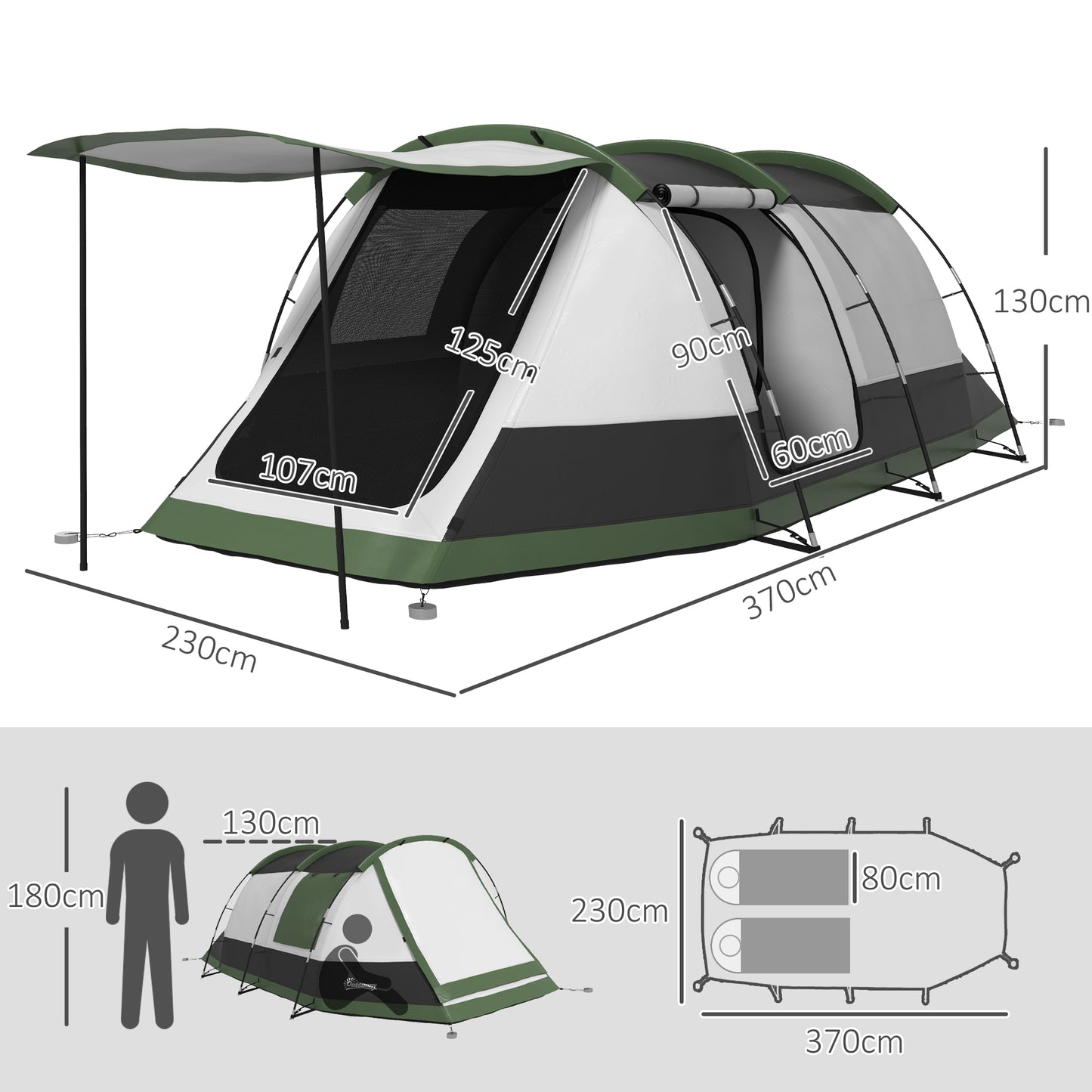 2 Man Camping Tent, with Two Rooms and Porch - Green