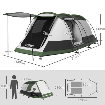 2 Man Camping Tent, with Two Rooms and Porch - Green
