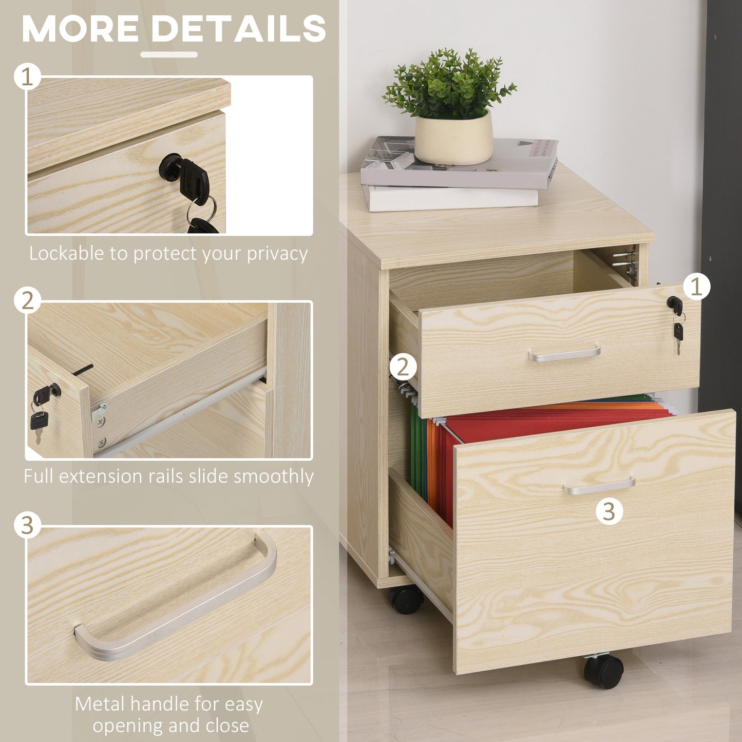 2-Drawer Locking Office Filing Cabinet w/ 5 Wheels Rolling Storage Hanging A4 Cupboard Home Organisation, Oak Wood Grain