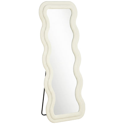 Full Length Mirror, 160 x 60 cm Wavy Full Body Wall Standing Mirror with Velvet Frame and Tempered Glass, Cream White