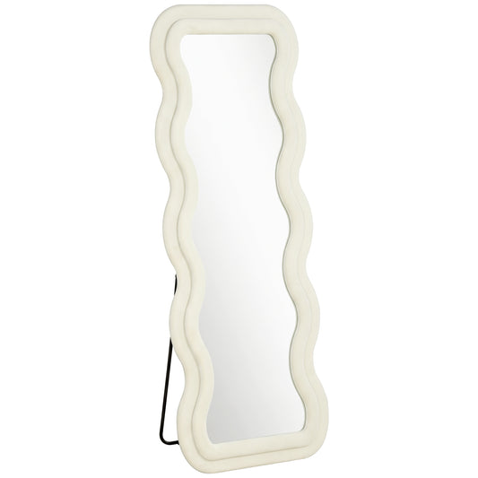 Full Length Mirror, 160 x 60 cm Wavy Full Body Wall Standing Mirror with Velvet Frame and Tempered Glass, Cream White