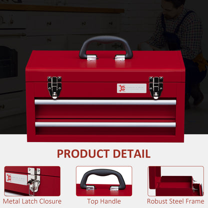 Lockable Metal Tool Box, 2 Drawer Tool Chest with Latches, Handle, Ball Bearing Runners, Red