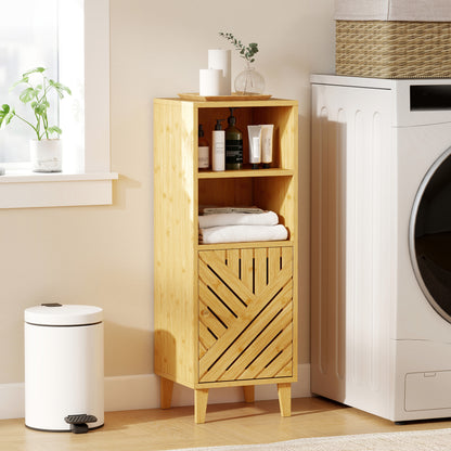Slim Bathroom Cabinet with Bamboo Door and Legs, Narrow Bathroom Storage Cabinet