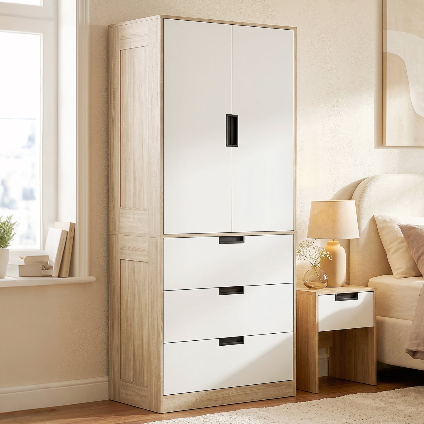Modern Clothes Storage Cupboard Unit, 3 Drawer 2 Door Wardrobe with Hanging Rod, Oak
