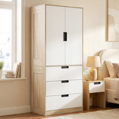 Modern Clothes Storage Cupboard Unit, 3 Drawer 2 Door Wardrobe with Hanging Rod, Oak