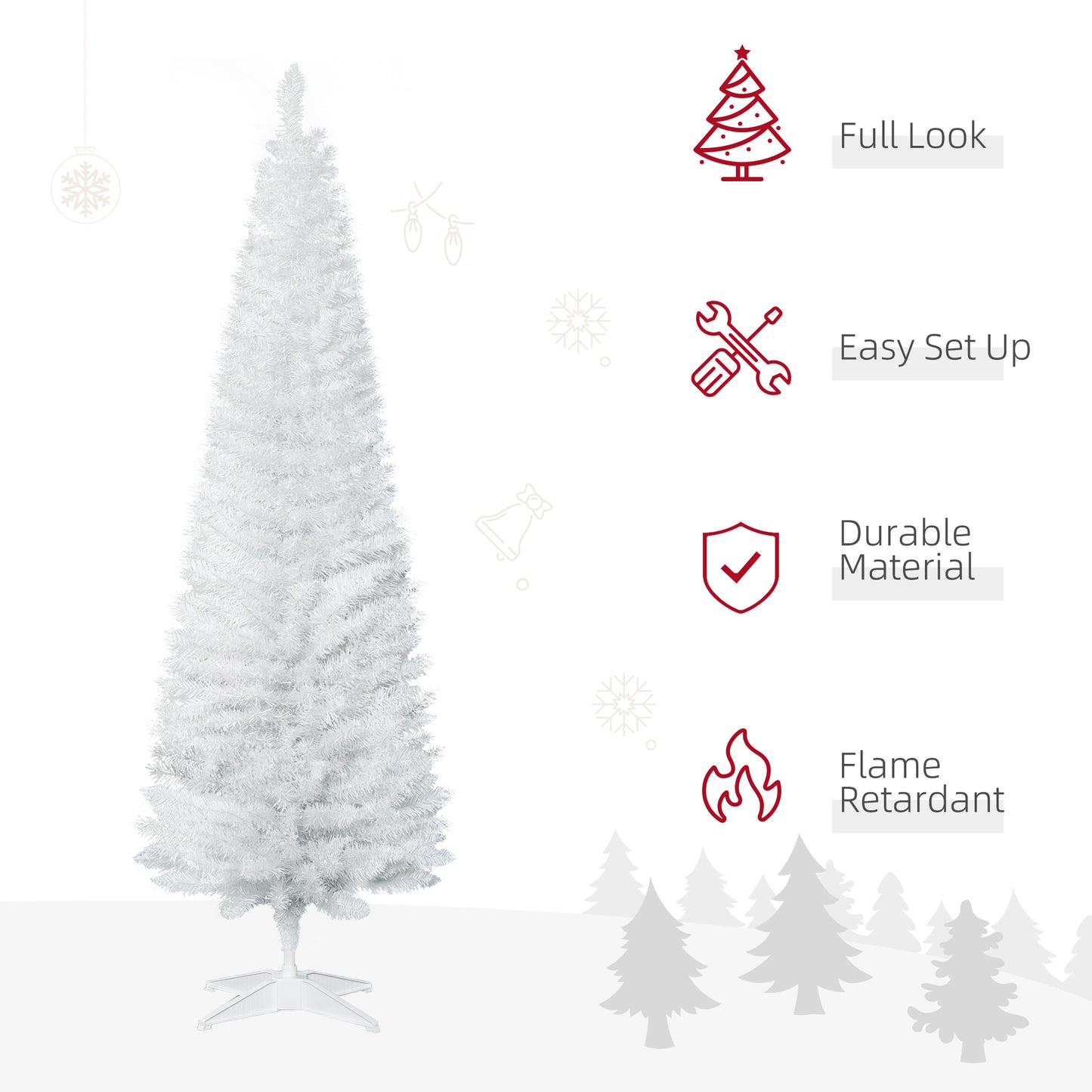 6ft Unlit Artificial Christmas Tree, Pencil Slim Xmas Tree with Solid Stand and Realistic Branches, White