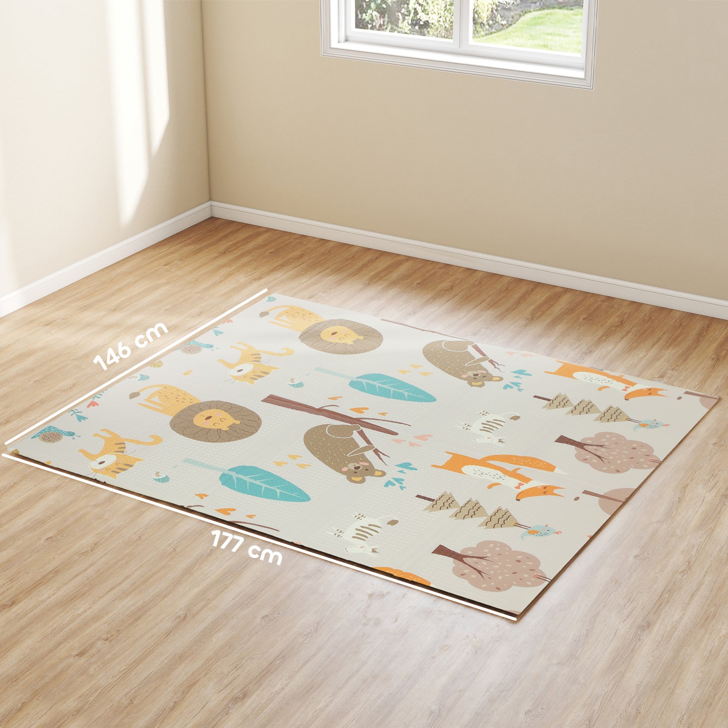 Animal-Themed Baby Plat Mat Double Sided, Foldable, Water-Resistant for Outdoor/Indoor, 177 x 146 x 1.5cm