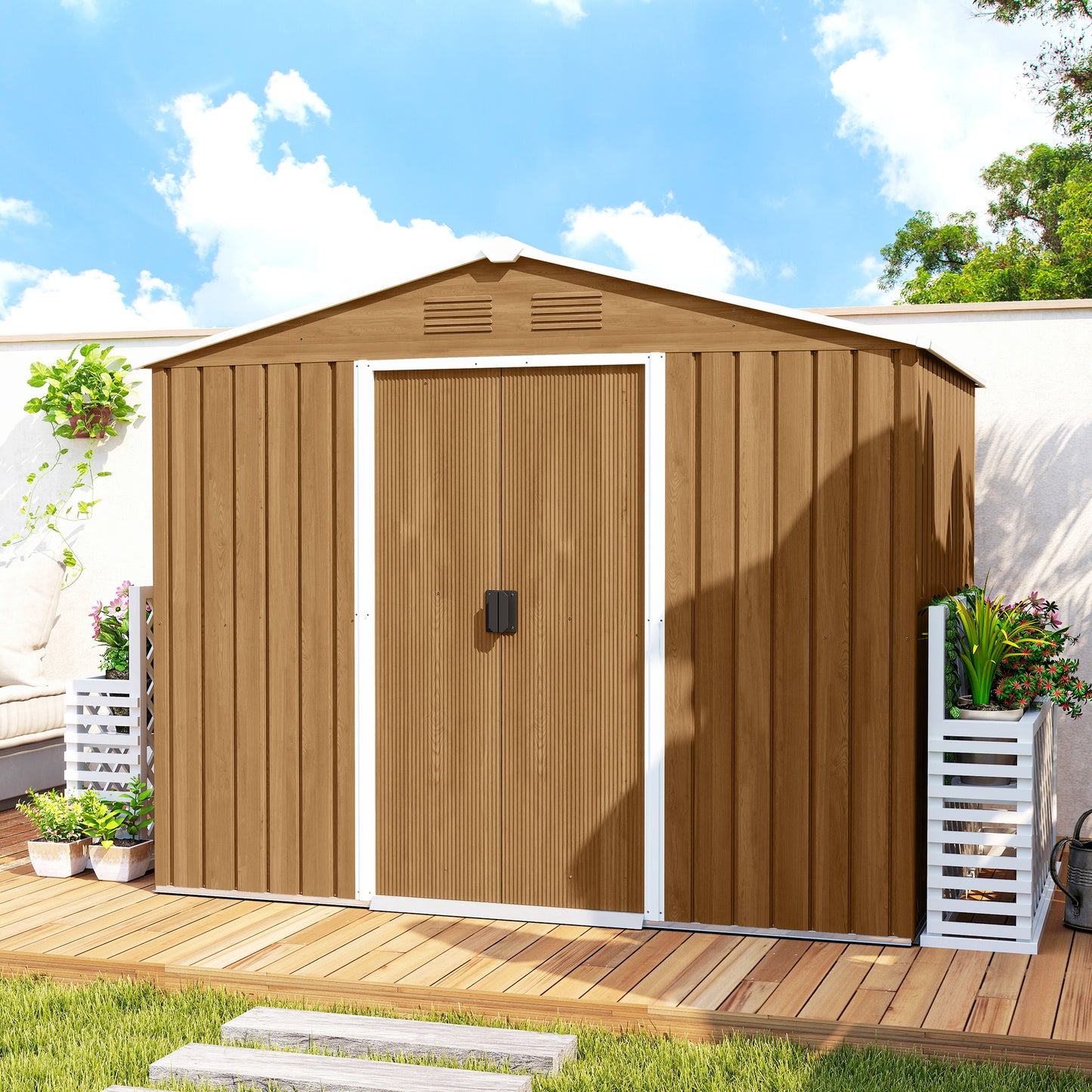 8 x 6ft Galvanised Steel Shed, with Double Door - Brown