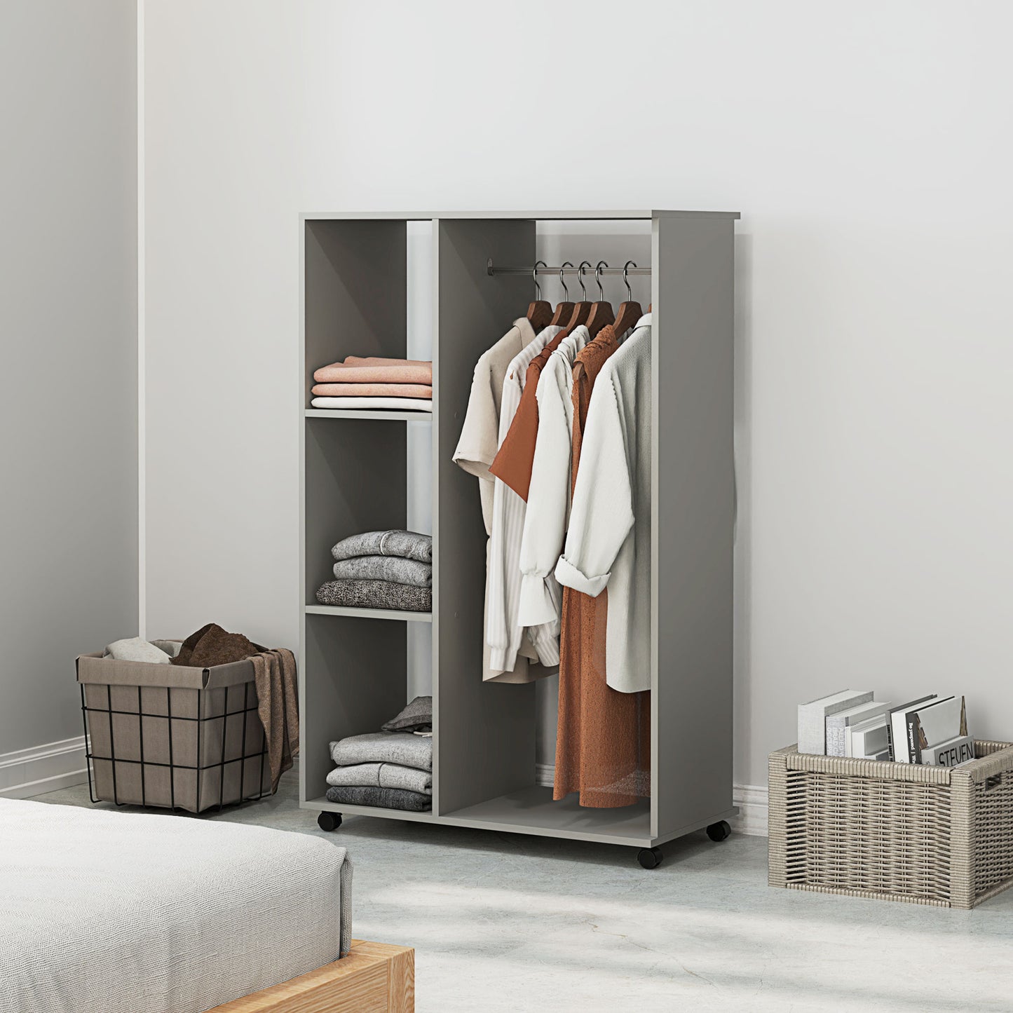 Open Wardrobe on Wheels, Bedroom Wardrobe with Clothes Hanging Rail, 3 Storage Shelves, Mobile Garment Rack for Cloakroom