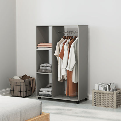 Open Wardrobe on Wheels, Bedroom Wardrobe with Clothes Hanging Rail, 3 Storage Shelves, Mobile Garment Rack for Cloakroom