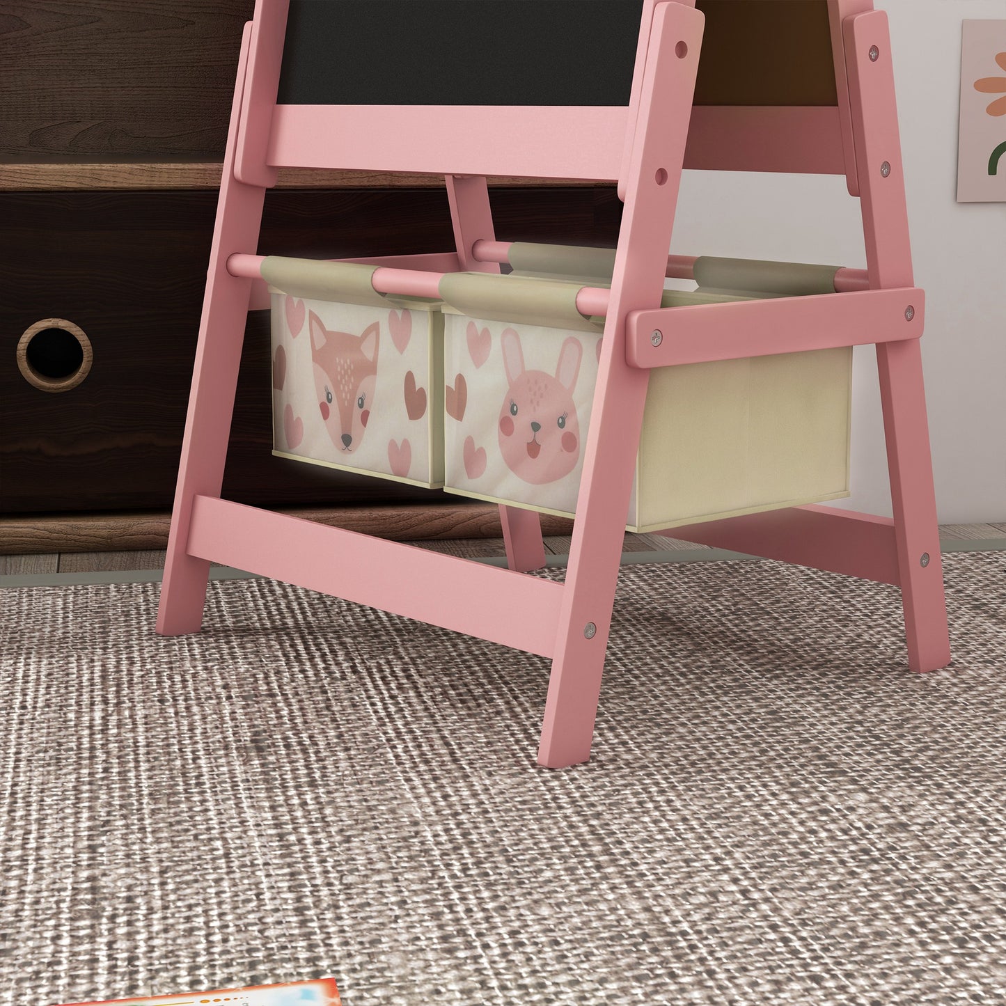 Three-In-One Kids Easel with Paper Roll, Art Easel, with Storage - Pink