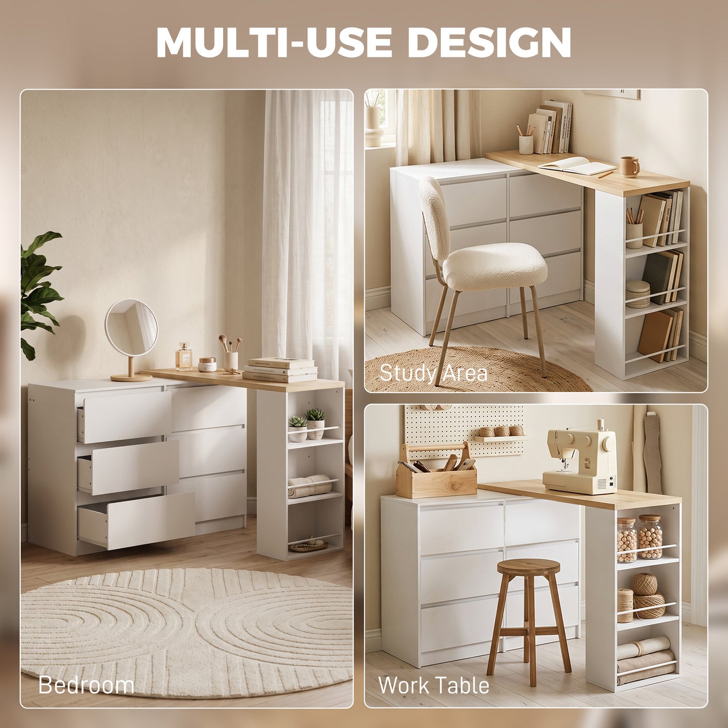 Vanity Table, Dressing Table with 6 Drawers and 3-Tier Shelf for Women and Girls, White