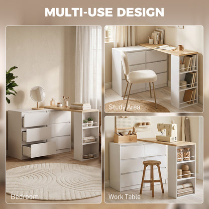 Vanity Table, Dressing Table with 6 Drawers and 3-Tier Shelf for Women and Girls, White