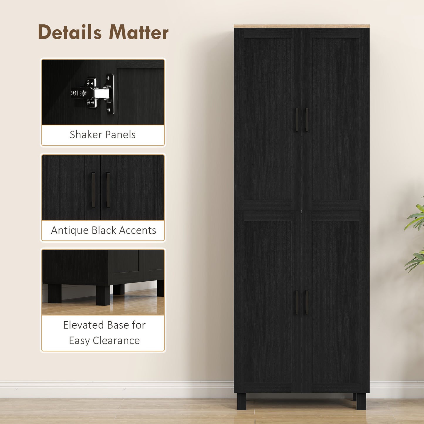 Freestanding Kitchen Cupboard, 4-Door Storage Cabinet with Adjustable Shelves, Modern Kitchen Pantry, 170cm, Black