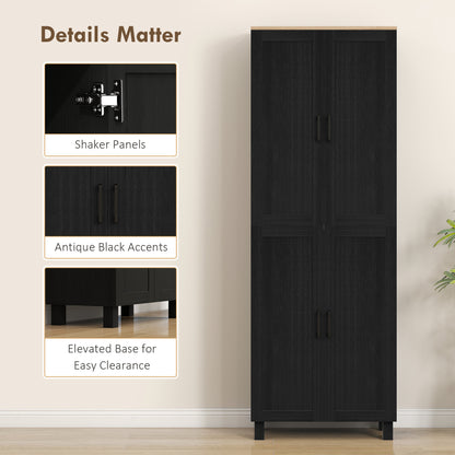 Freestanding Kitchen Cupboard, 4-Door Storage Cabinet with Adjustable Shelves, Modern Kitchen Pantry, 170cm, Black