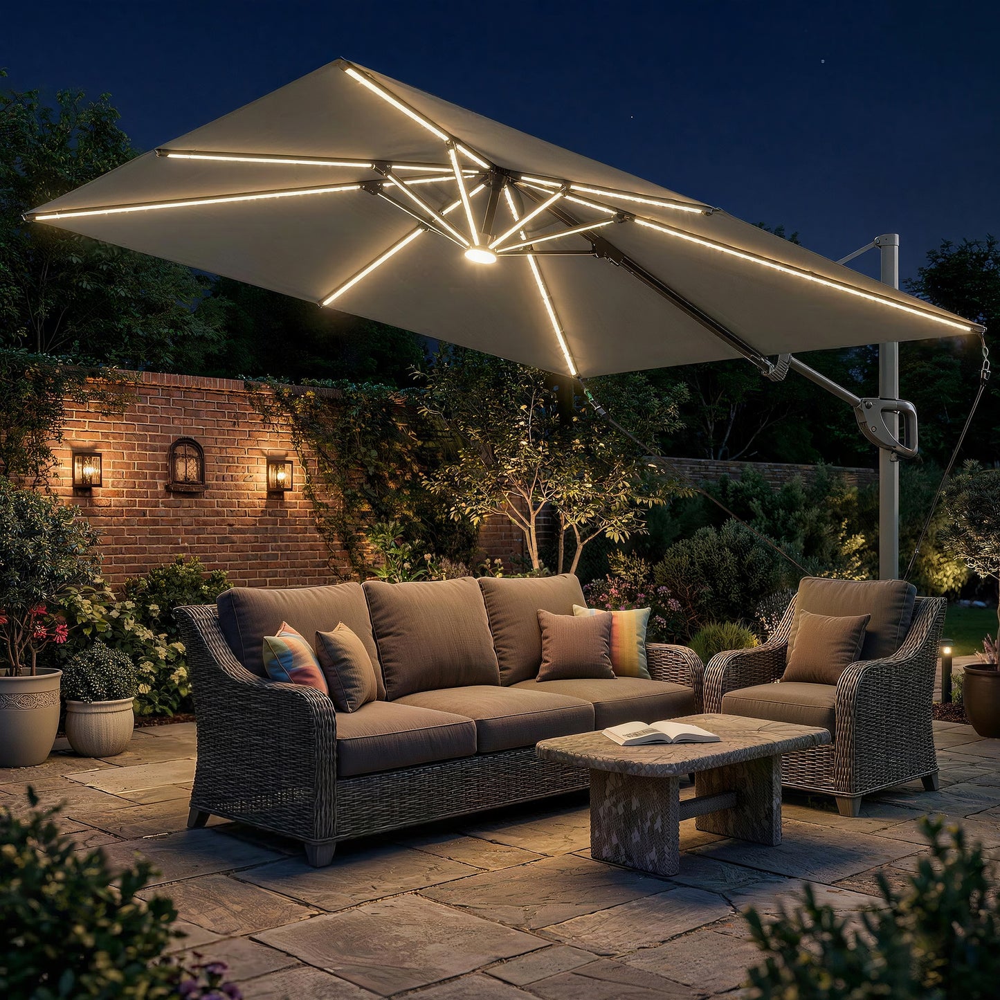 3 x 3 m Garden Cantilever Parasol w/ Light, Cover, UPF50+ Patio Umbrella w/ Wind Protection, 360° Rotation, Dark Grey