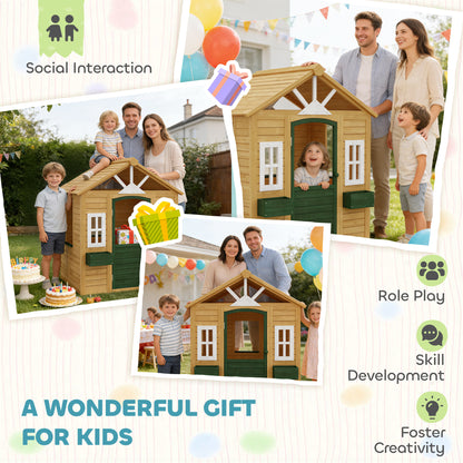 Outdoor Kids Playhouse, Wooden Wendy House with Door, 3 Windows, 2 Flower Boxes for Garden, Indoor Playroom