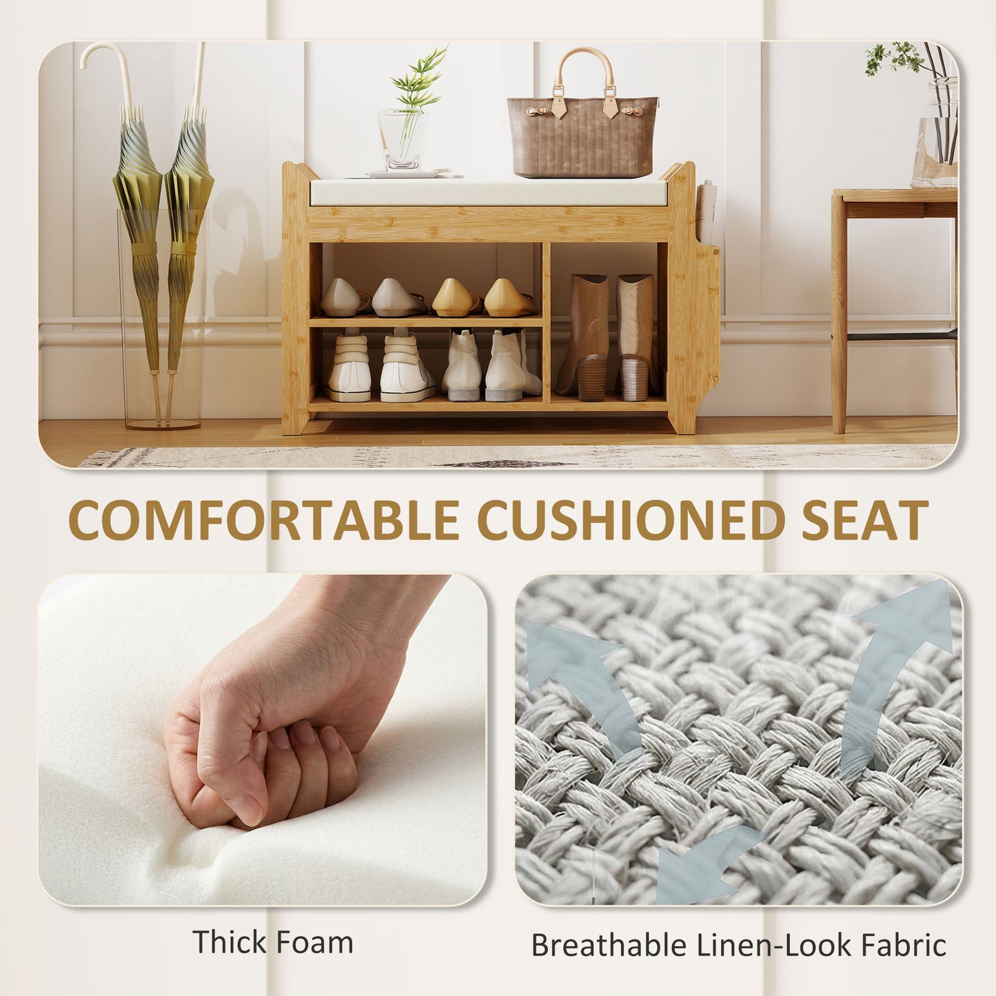 Shoe Bench 2-Tier Boot Section Entryway Storage Bench Cushioned Seat 80 x 30 x 50 cm Natural and Cream