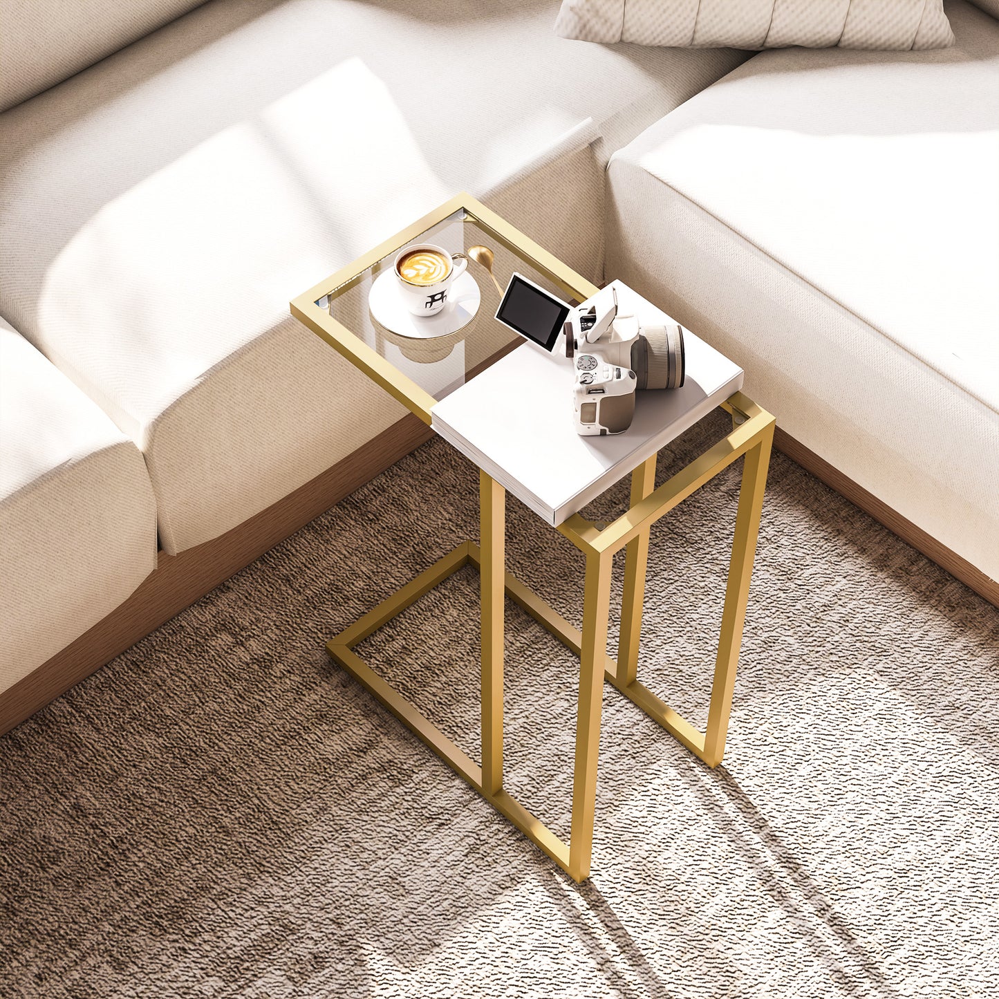 C-Shaped Side Table, Modern Slim End Table with Tempered Glass Tabletop, Steel Frame for Small Space, Living Room, Bedroom