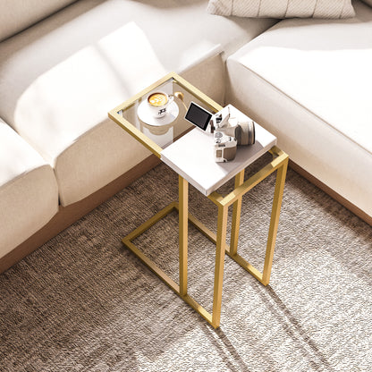 C-Shaped Side Table, Modern Slim End Table with Tempered Glass Tabletop, Steel Frame for Small Space, Living Room, Bedroom