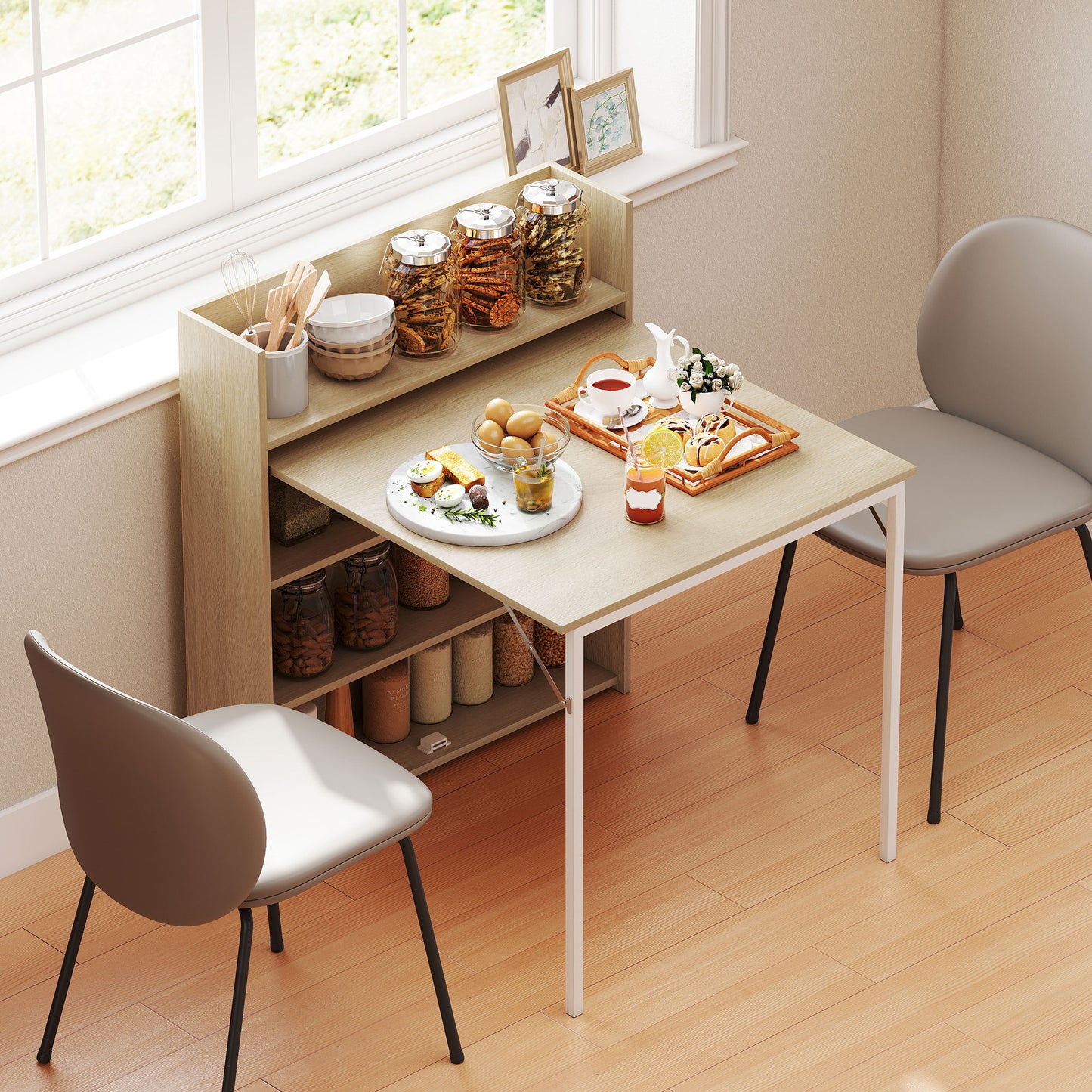 Kitchen Table, Folding Dining Table, with 4-Tier Shelves, Modern Drop-Leaf Table, Oak Wood Effect