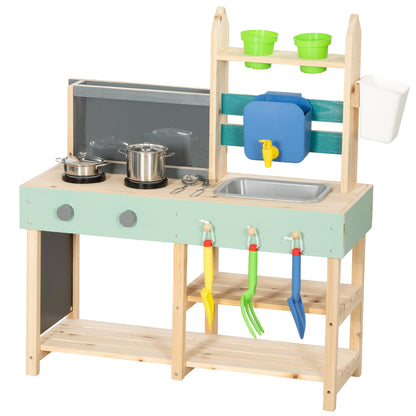 Mud Kitchen with Working Faucet, Kids Play Kitchen with Flower Pots, Kitchen Accessories, Planting Tools, Blue