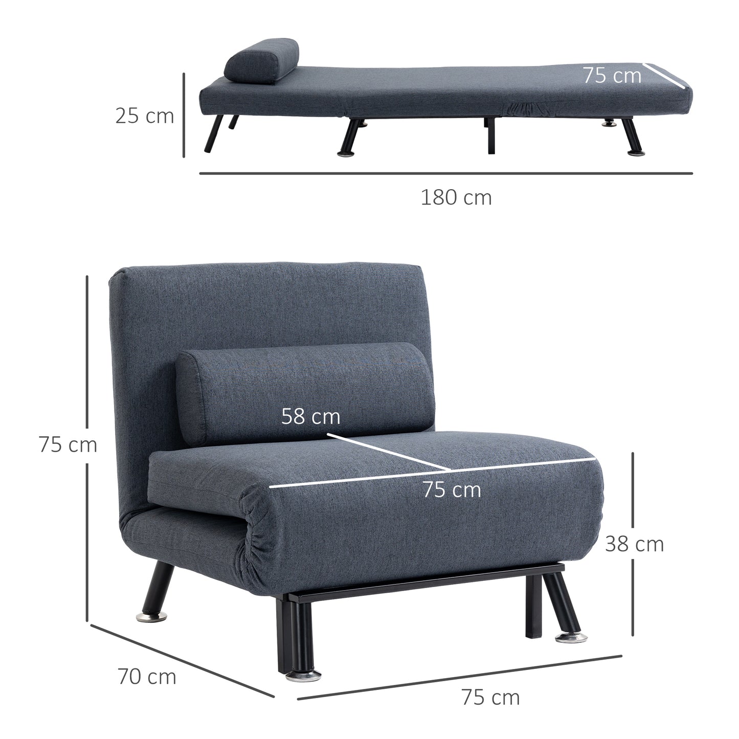 Single Sofa Chair Bed, Linen Fabric 3-in-1 Convertible Sleeper Chair with 5-Position Adjustable Backrest, 75cm Wide Seat