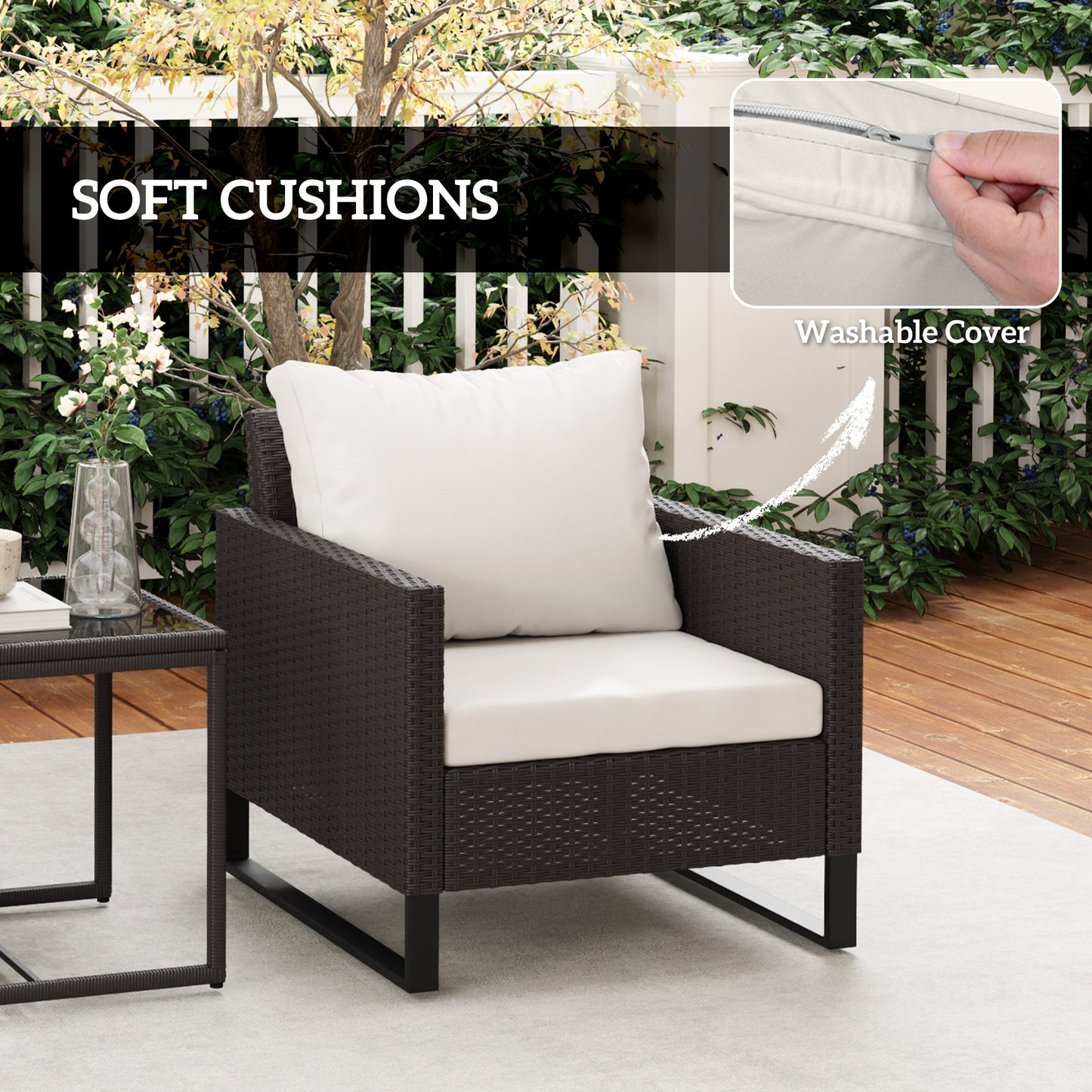 3 Pieces Rattan Bistro Set with 4 Cushions, Wicker Garden Furniture Set, Glass Top Coffee Table and Chairs for Outdoor Patio
