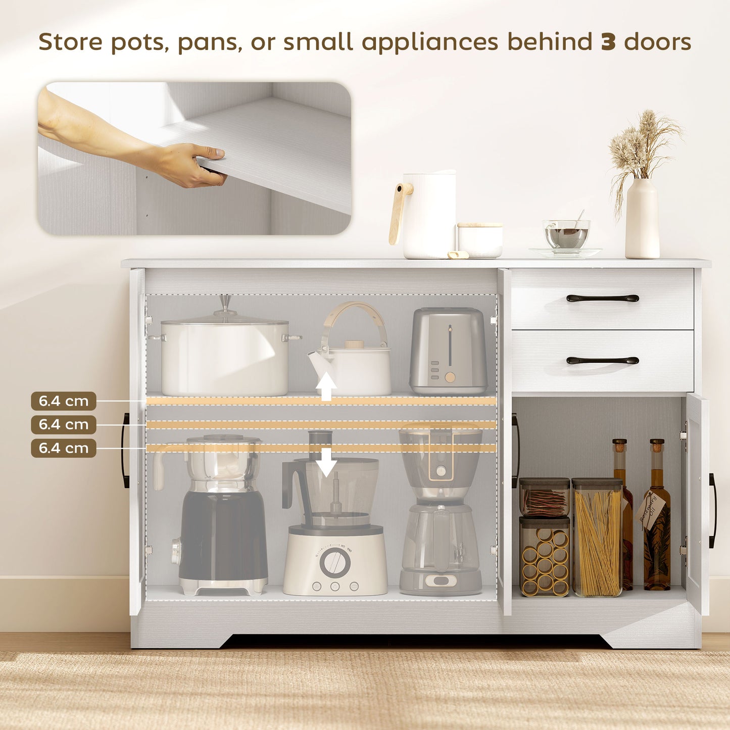Sideboard with 2 Drawers Modern Storage Cabinet, Kitchen Cupboard with Adjustable Shelf and 3 Doors White