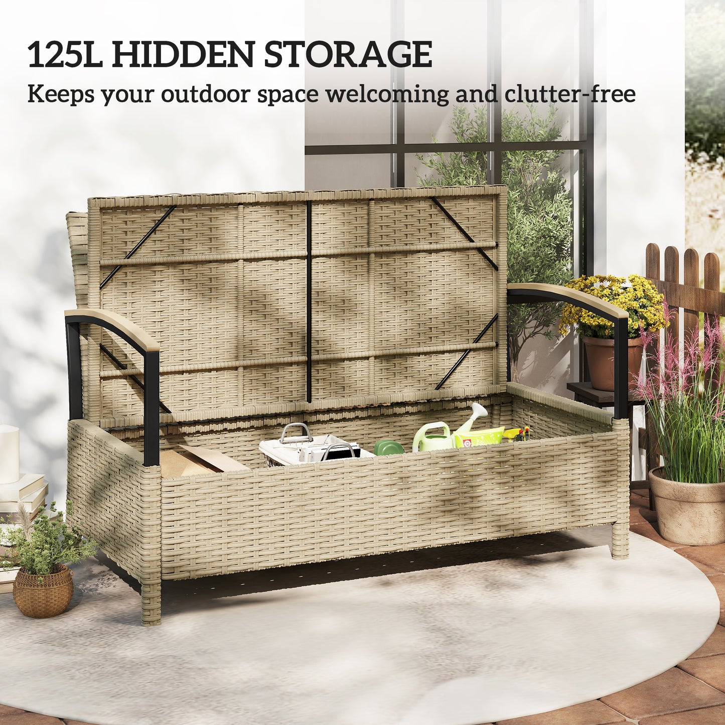 125L Garden Storage Bench, 2 Seater PE Rattan Outdoor Bench Storage Box with Padded Cushion, Khaki