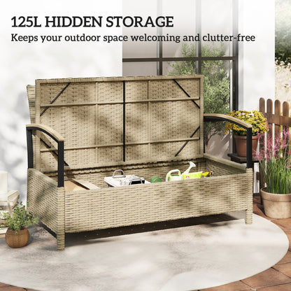 125L Garden Storage Bench, 2 Seater PE Rattan Outdoor Bench Storage Box with Padded Cushion, Khaki