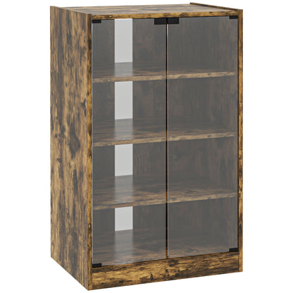 4-Tier Hi-Fi Stand, Record Player Stand with Adjustable Shelves and Push-to-Open Glass Doors, Rustic Brown